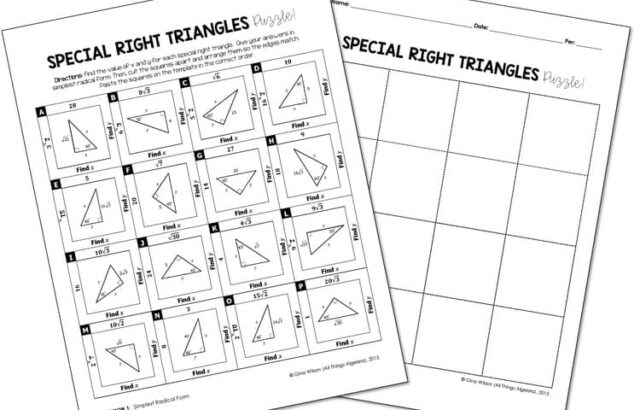 Two special right triangles worksheets on white background
