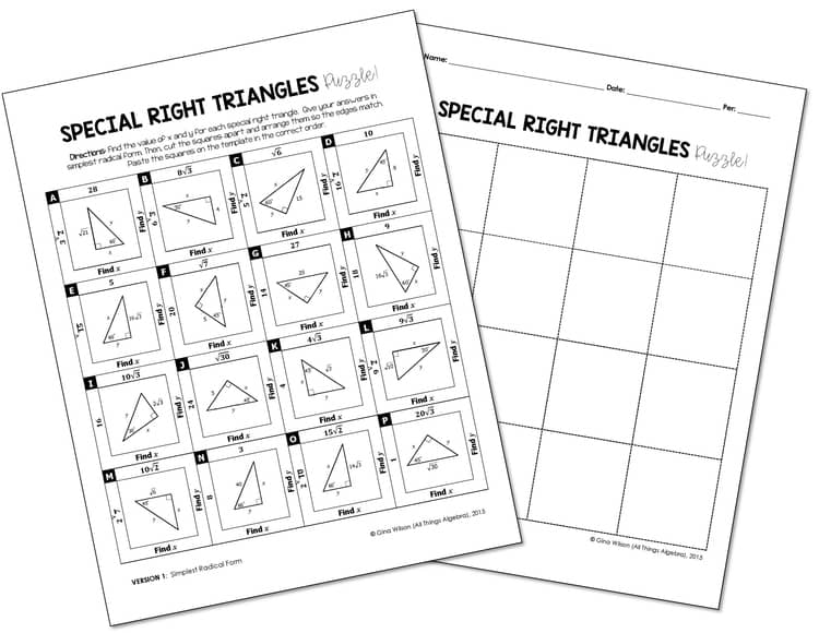 Two special right triangles worksheets on white background