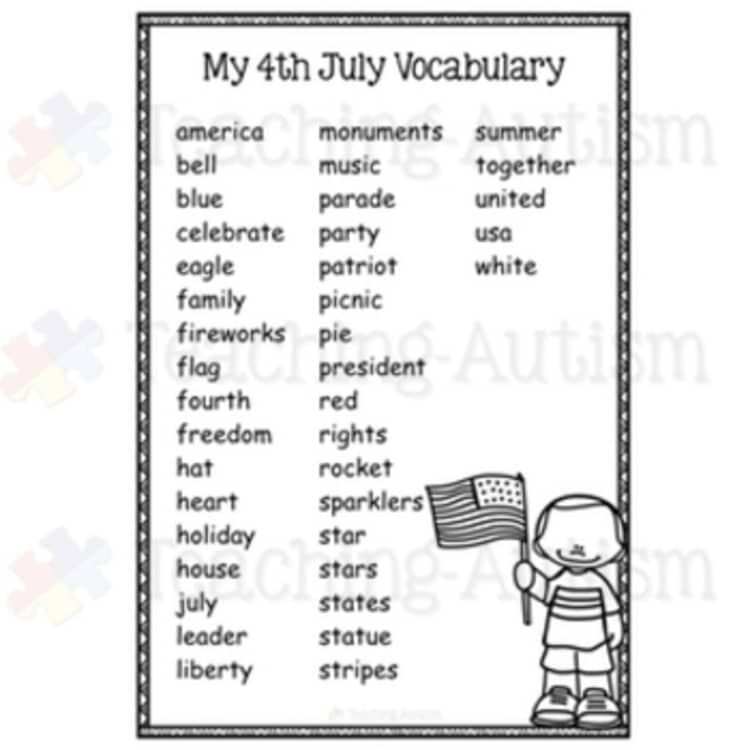 Fourth of July vocabulary worksheet with child holding flag