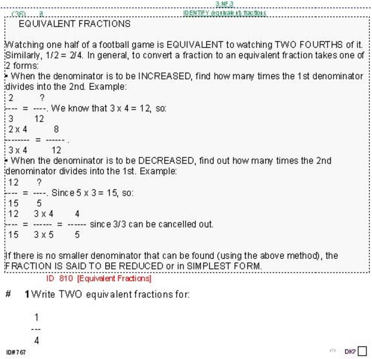 Printed math worksheet about equivalent fractions with examples