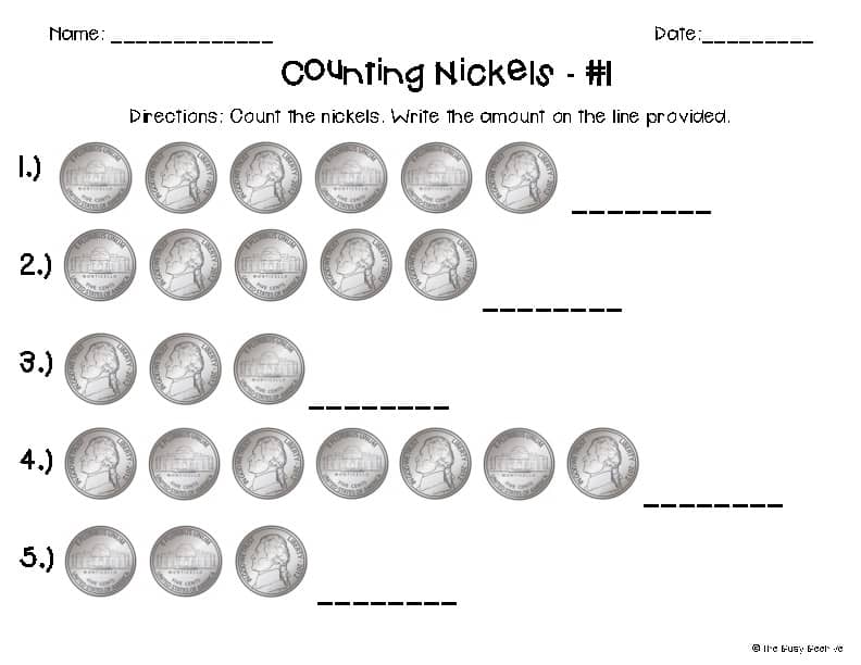 Counting nickels worksheet with five coin rows