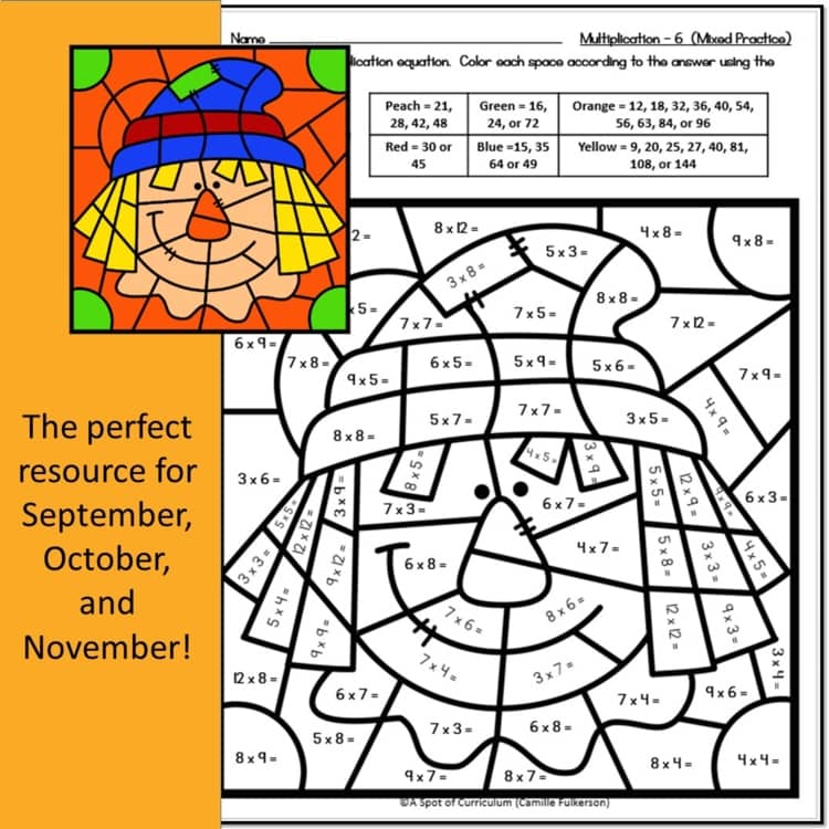 Color-by-multiplication scarecrow worksheet with example image and text