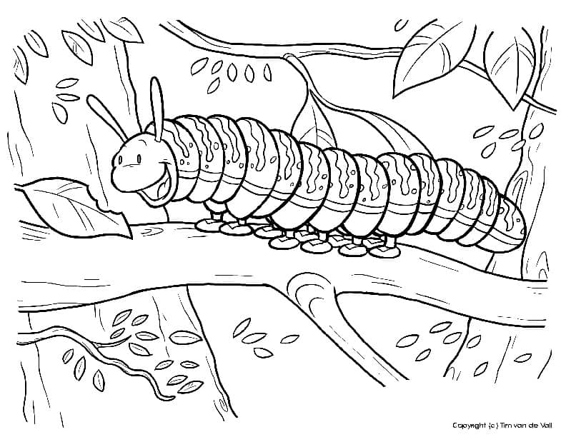 Black-and-white cartoon caterpillar on a tree branch