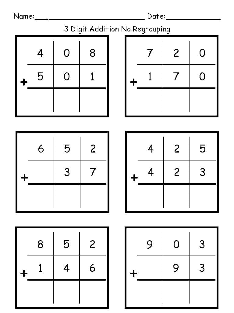 3-digit addition worksheet with six problems