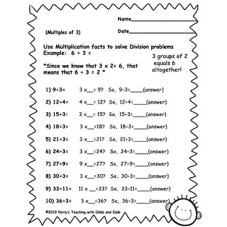 Multiplication and division math worksheet with zigzag border