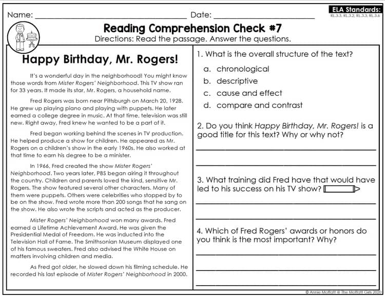 Black-and-white printable reading worksheet about Mister Rogers' birthday.