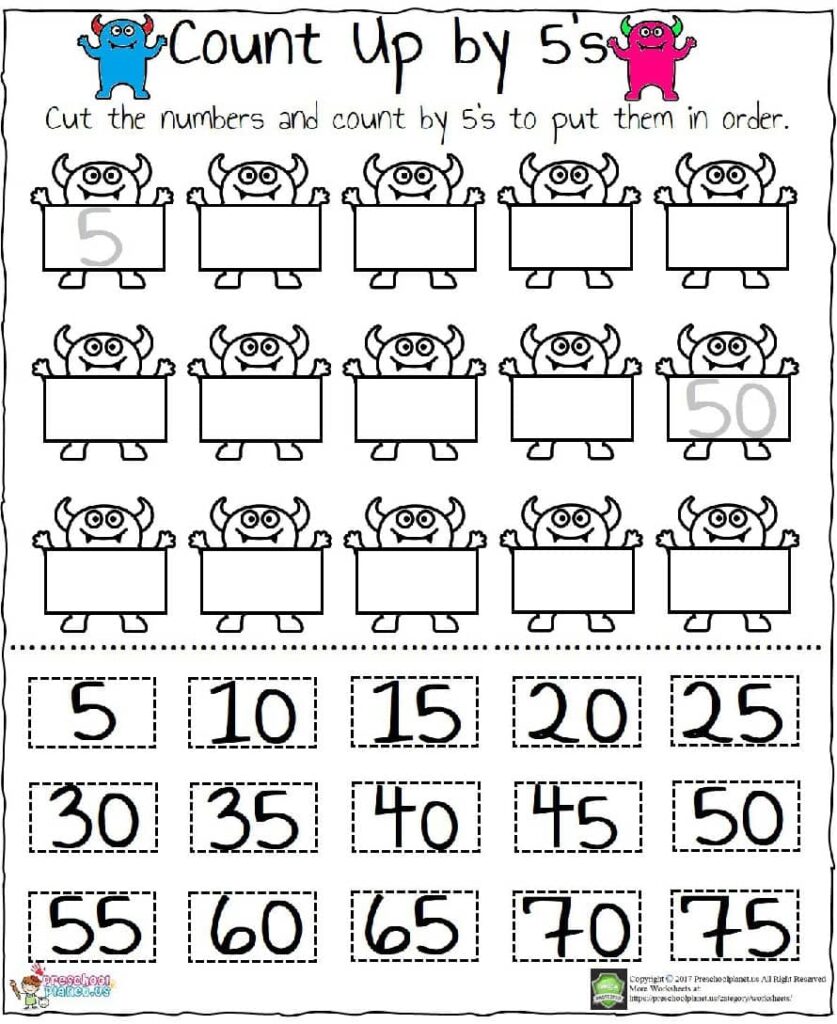 Counting by fives worksheet with cartoon monsters