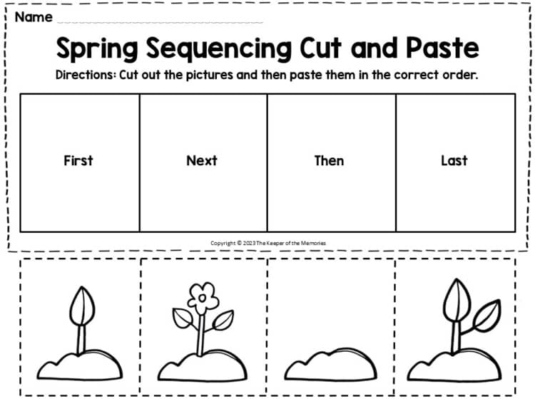 Spring sequencing worksheet with four picture boxes and flower stages