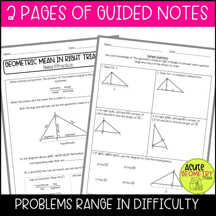 Two geometric mean math worksheet pages shown