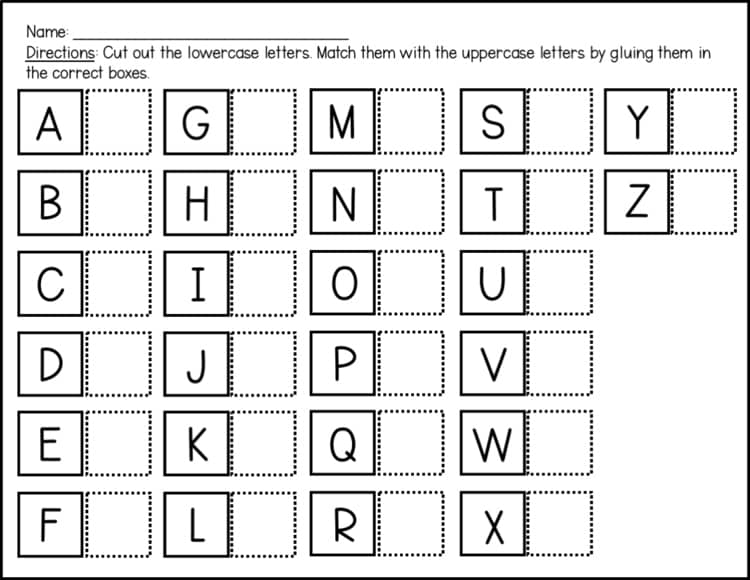 Alphabet matching worksheet with uppercase letters and blank boxes