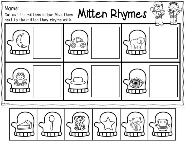Mitten rhyme worksheet with six picture pairs