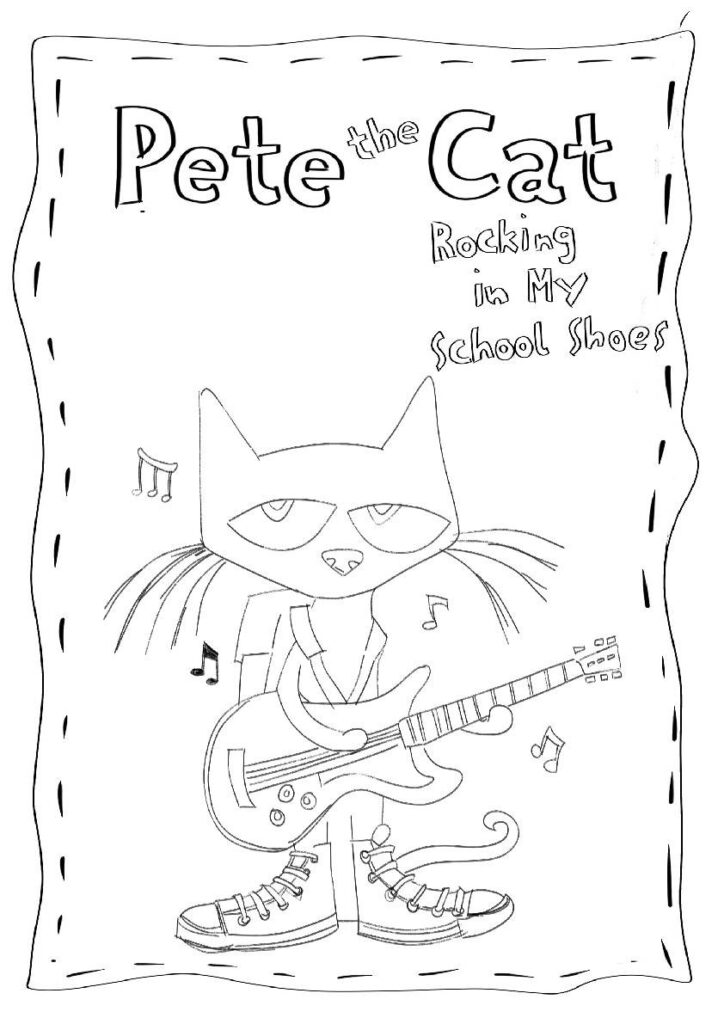 Pete the Cat holding guitar on coloring page