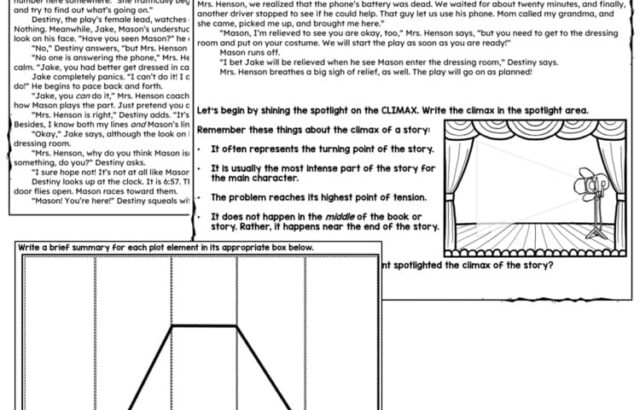 A black-and-white story plot worksheet with text boxes and graph