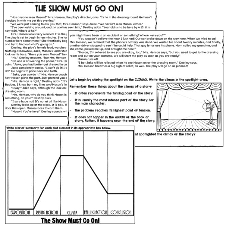 A black-and-white story plot worksheet with text boxes and graph