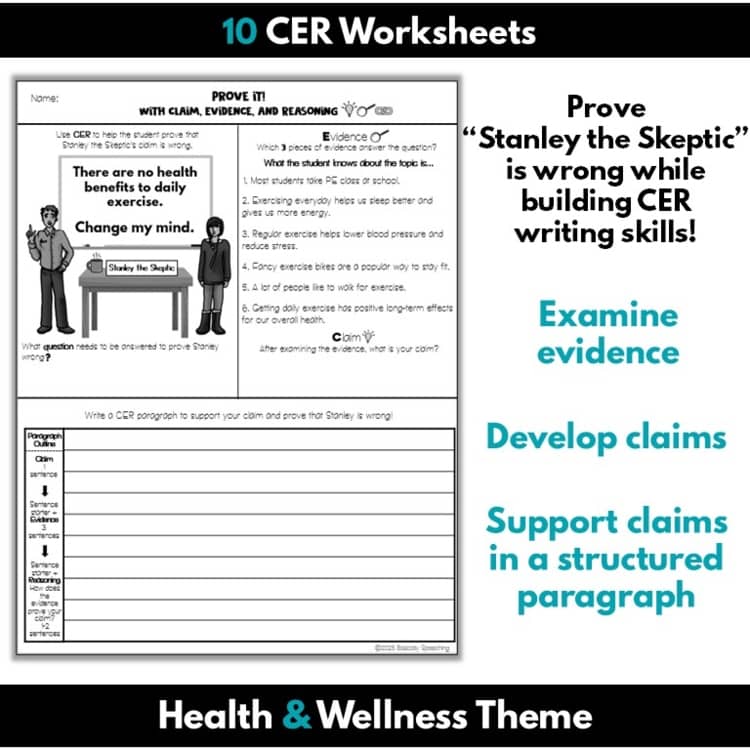 CER worksheet poster with claim evidence reasoning text and charts