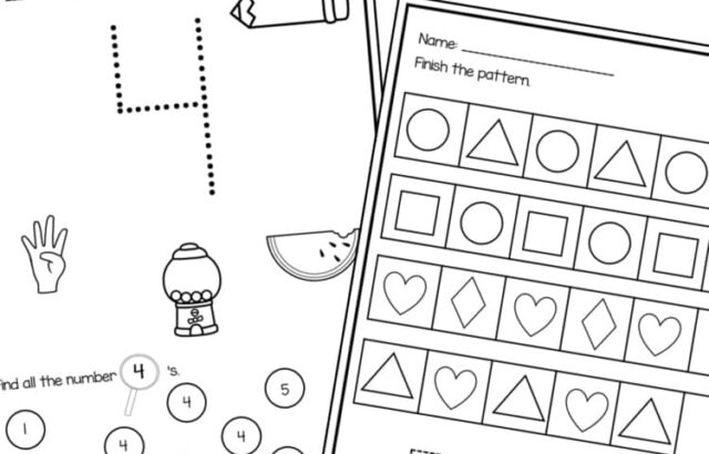 Two overlapping black-and-white math practice worksheets with shapes and numbers