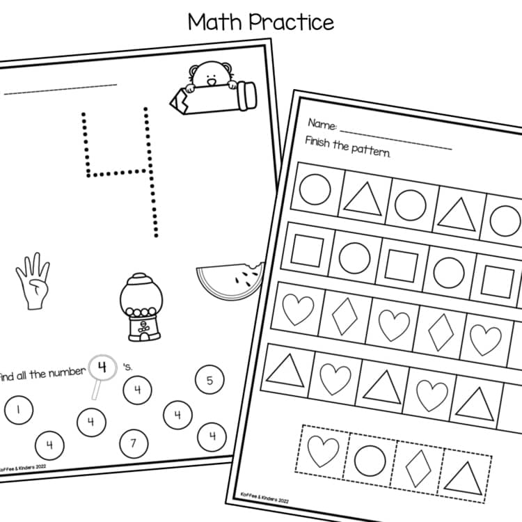 Two overlapping black-and-white math practice worksheets with shapes and numbers