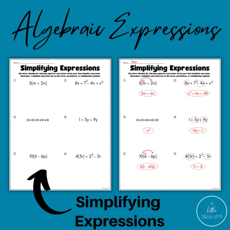 Two simplifying expressions worksheet pages on blue background