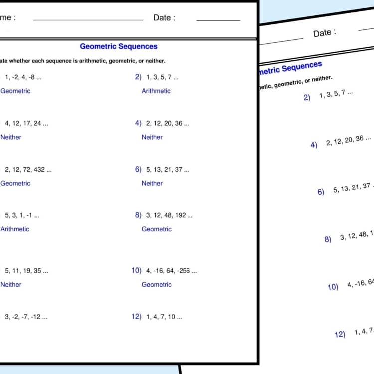 Two overlapping geometric sequences worksheet pages