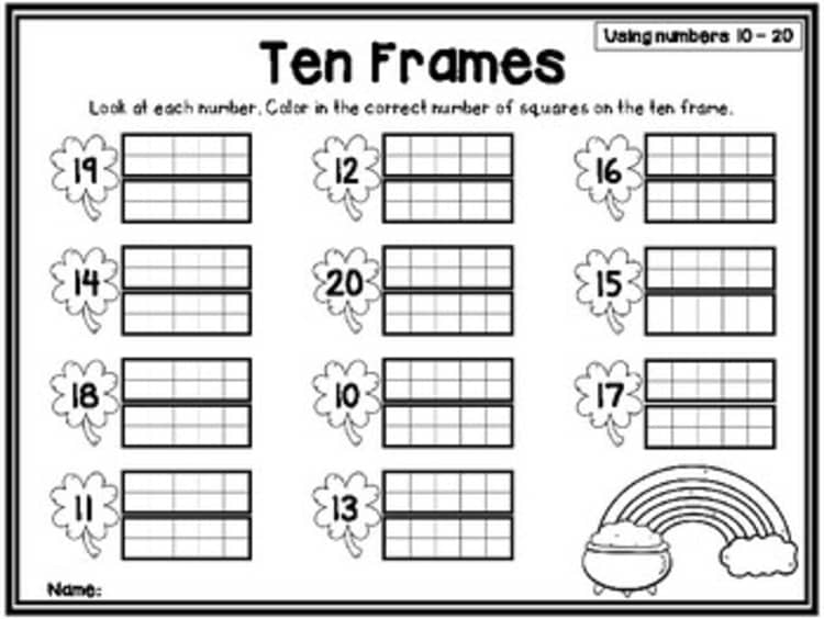Ten frames worksheet with numbers 10 to 20