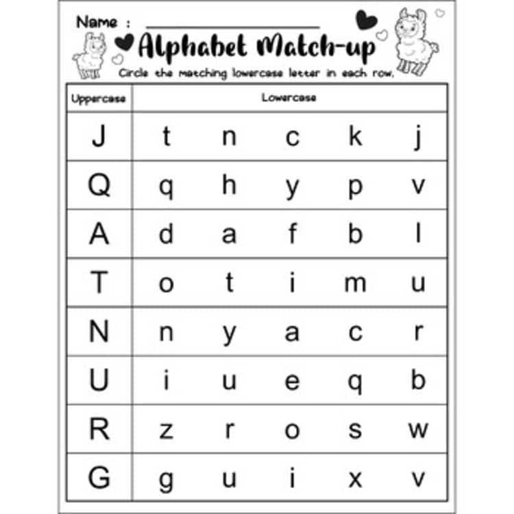 Alphabet match-up worksheet with letters and llamas