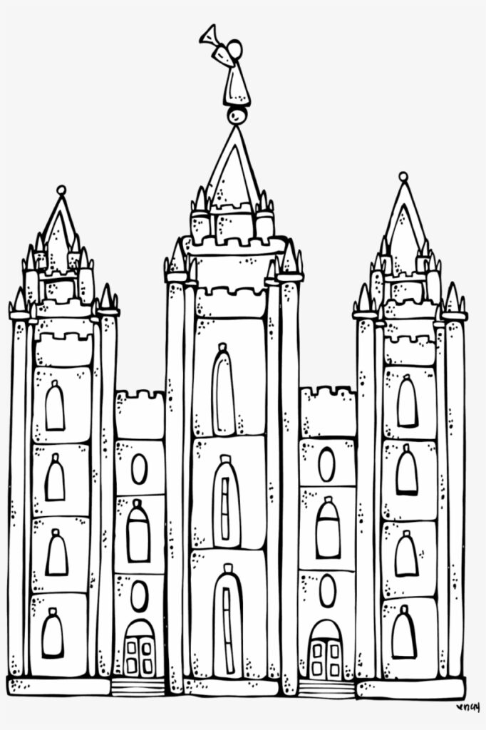 Black line drawing of a three-towered castle facade