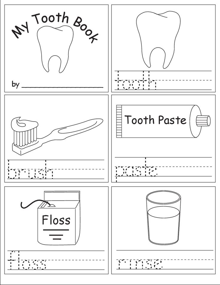 Tooth book worksheet with dental item drawings