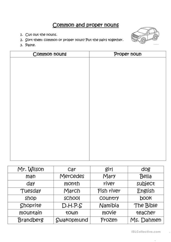 Common and proper nouns worksheet with word list table