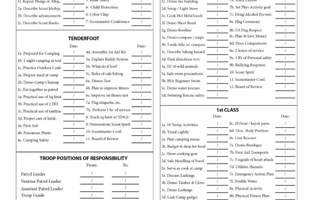 Boy Scout advancement requirements worksheet with checkboxes and dates
