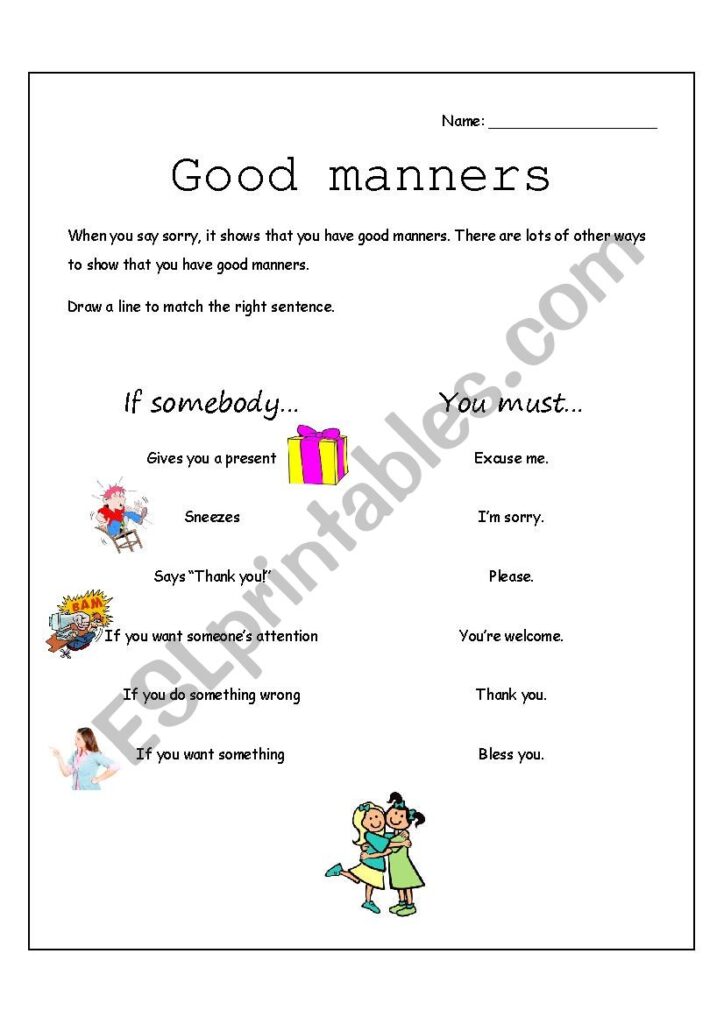 Good manners worksheet with matching sentences and cartoons