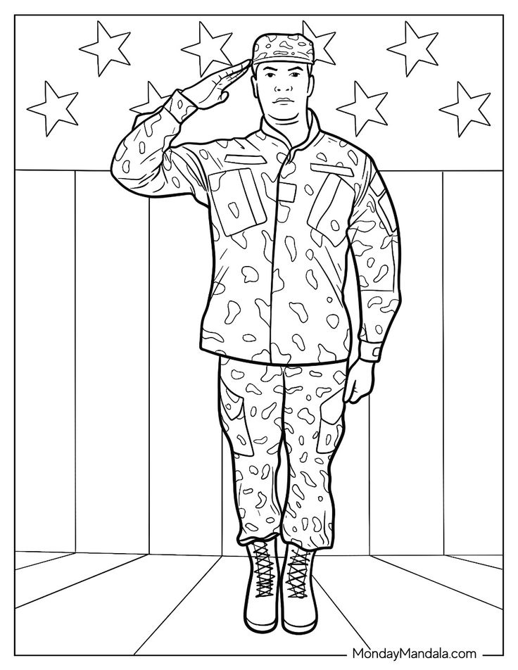 Black-and-white coloring page of a saluting soldier
