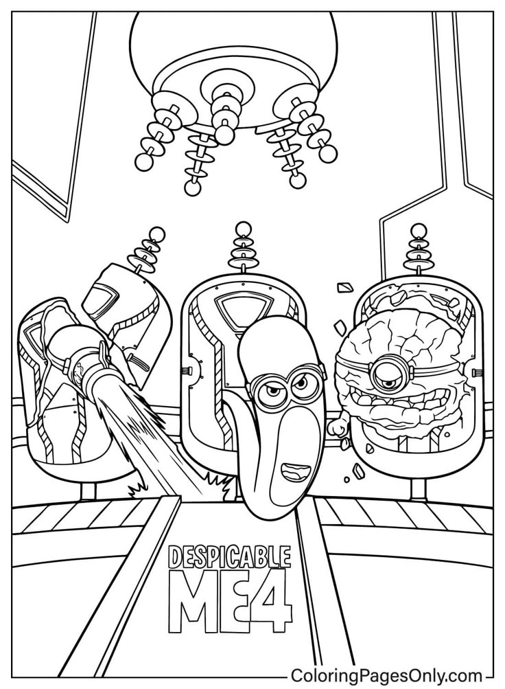 Despicable Me 4 coloring page with three pods