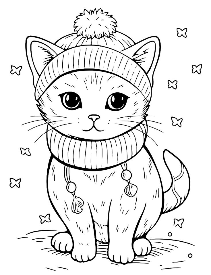 Line drawing of a cat wearing winter hat and scarf