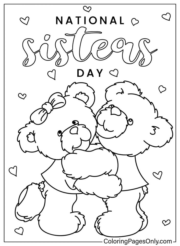 National Sisters Day coloring page with two poodles hugging