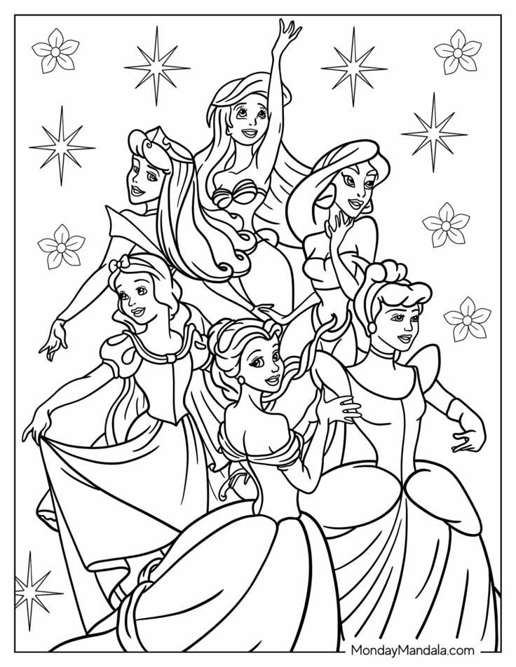 Five princesses in a line-art coloring page, stars around them
