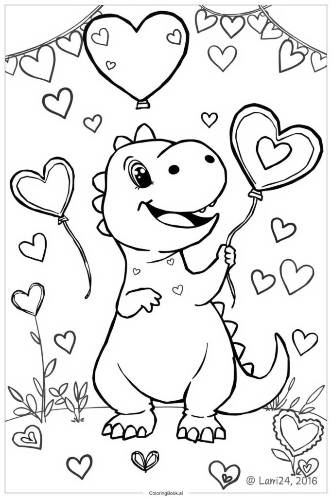 Cartoon dinosaur holding heart balloons, surrounded by hearts