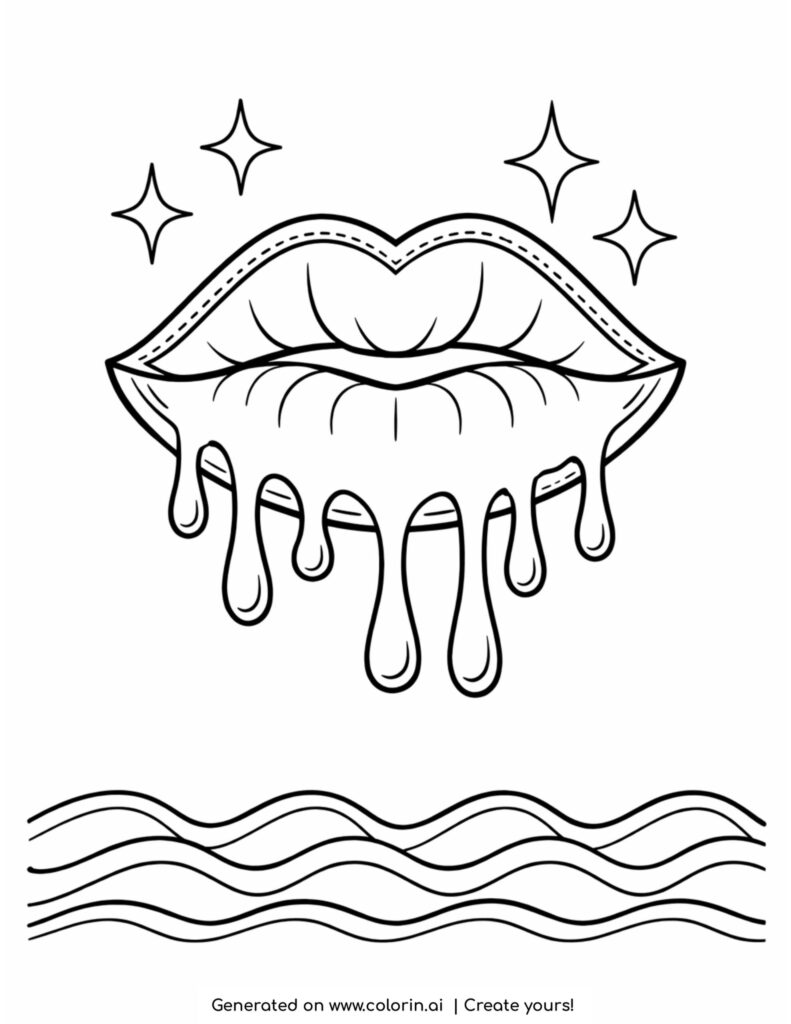 Dripping outlined lips with sparkles and wavy lines