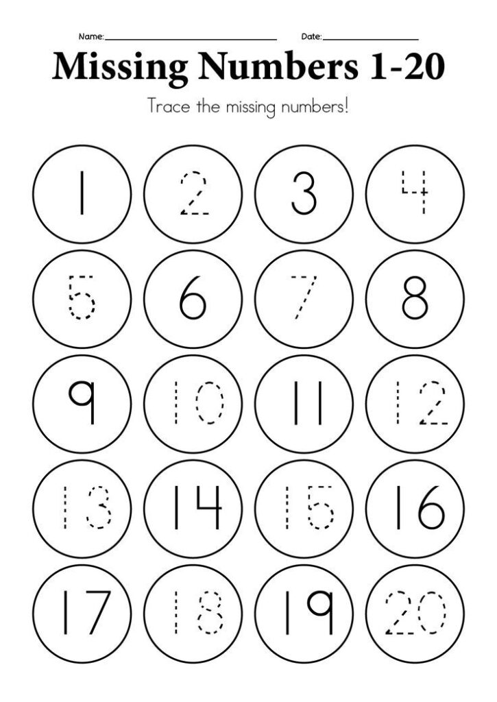Missing numbers 1-20 worksheet with numbered circles