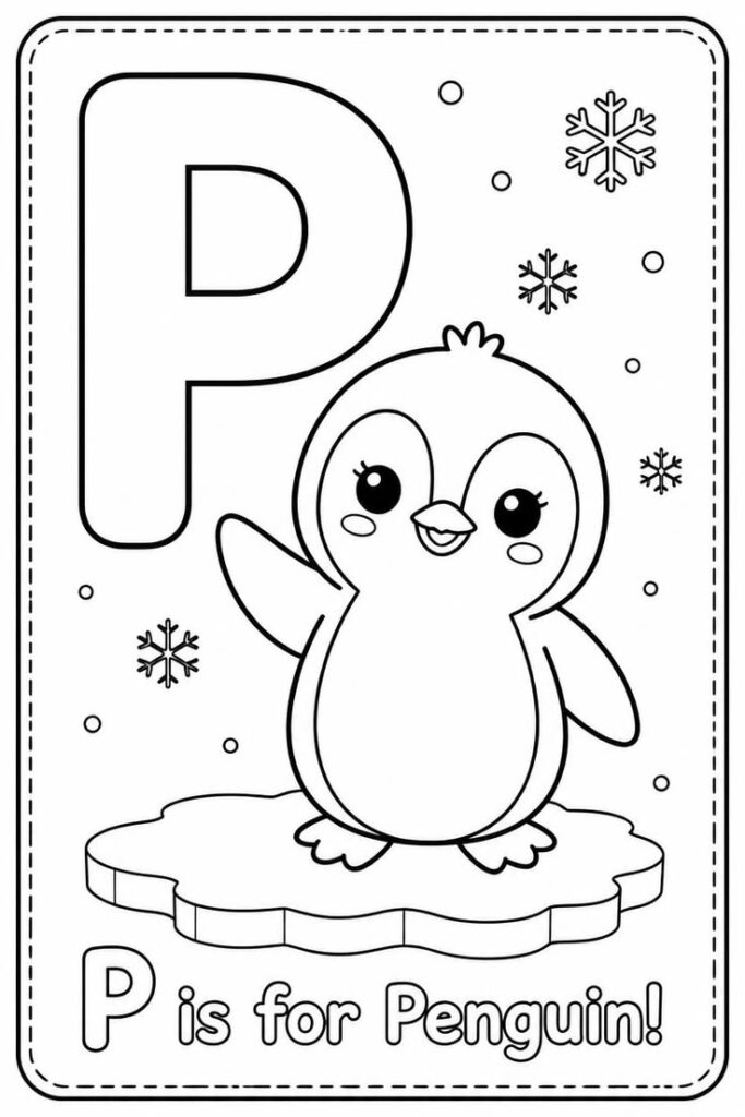 Penguin coloring page with large letter P