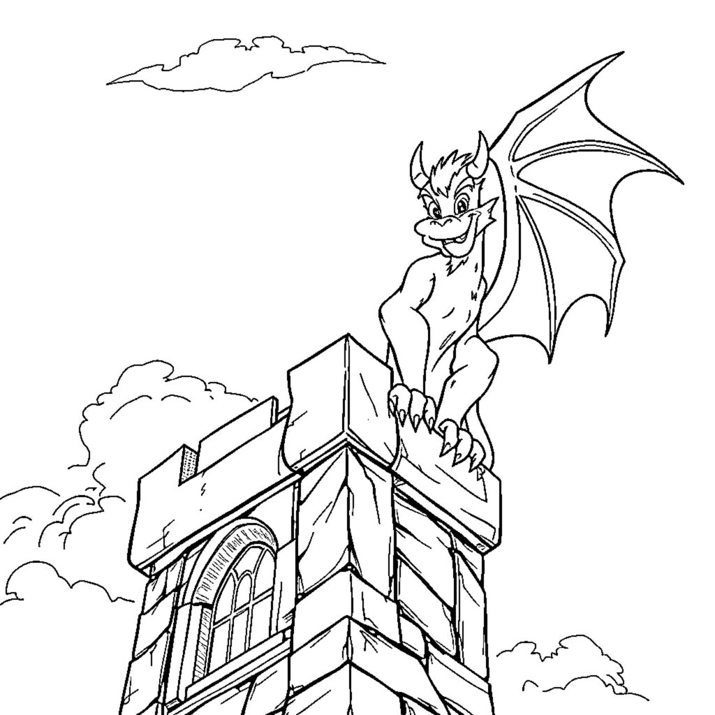 Cartoon gargoyle perched atop a stone tower