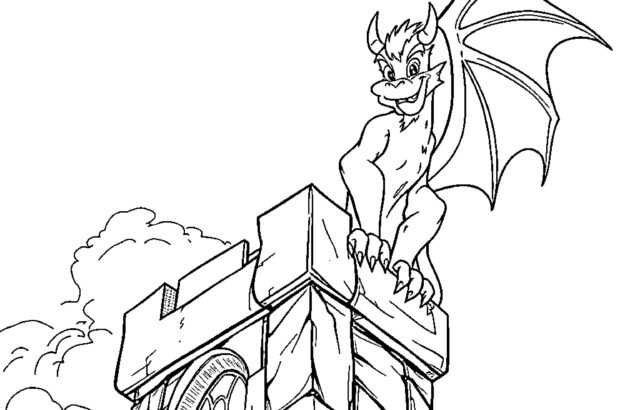 Cartoon gargoyle perched atop a stone tower