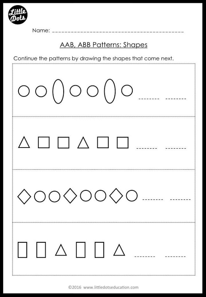 AAB pattern worksheet with shapes and blanks