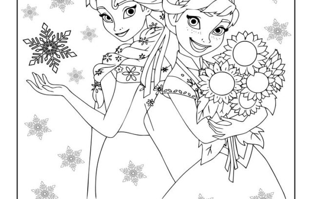 Black-and-white coloring page of Anna and Elsa with snowflakes