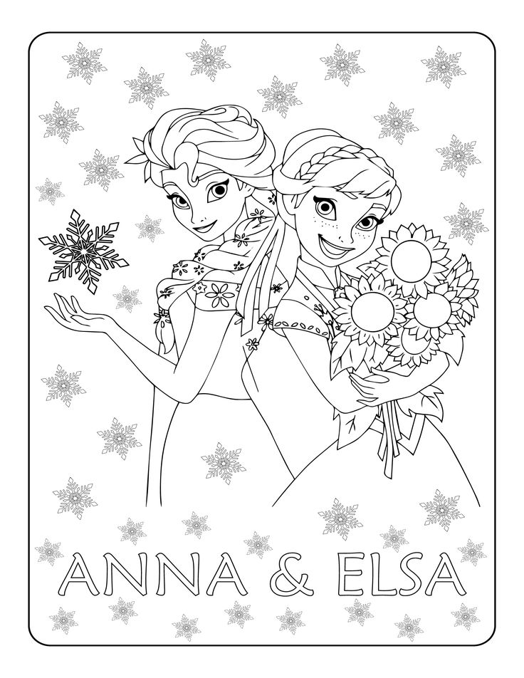 Black-and-white coloring page of Anna and Elsa with snowflakes