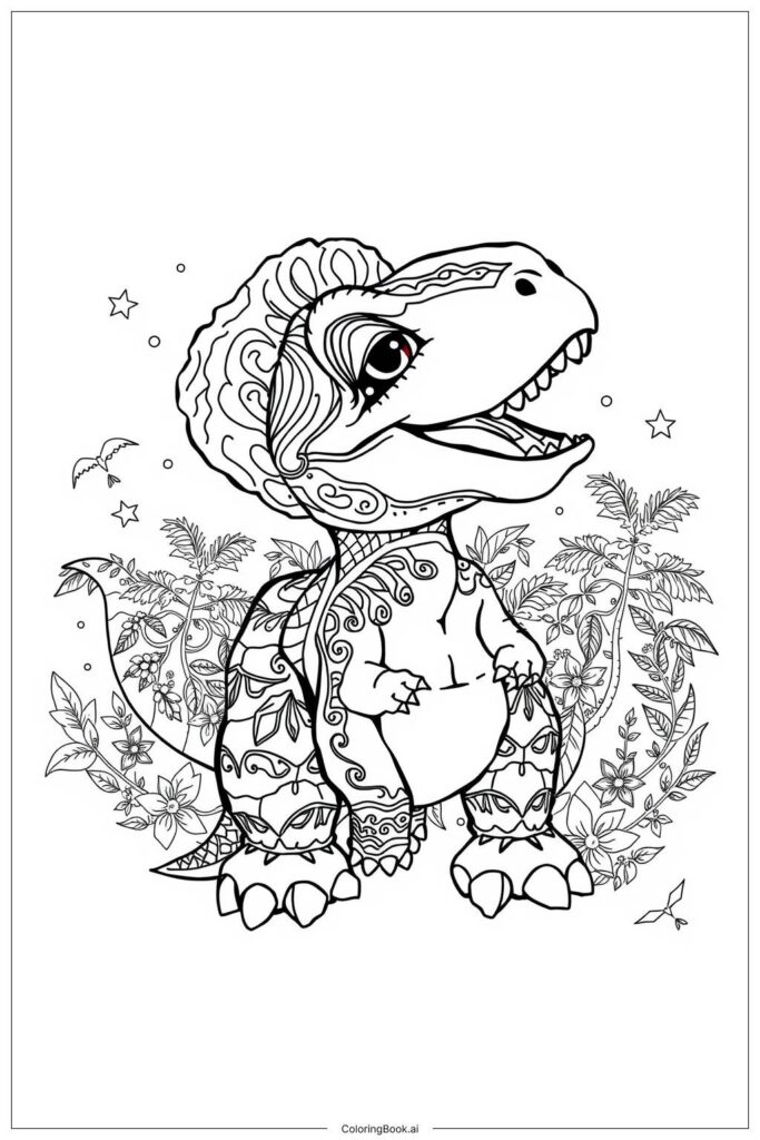 Cartoon dinosaur coloring page with floral decorations