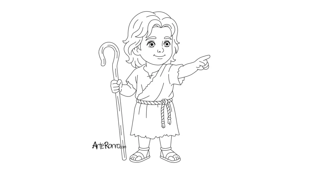 Line drawing of child holding staff, pointing right