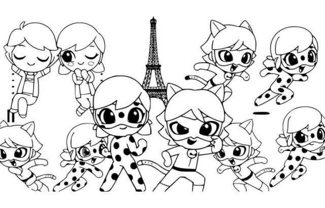 Cartoon children around Eiffel Tower, black-and-white drawing