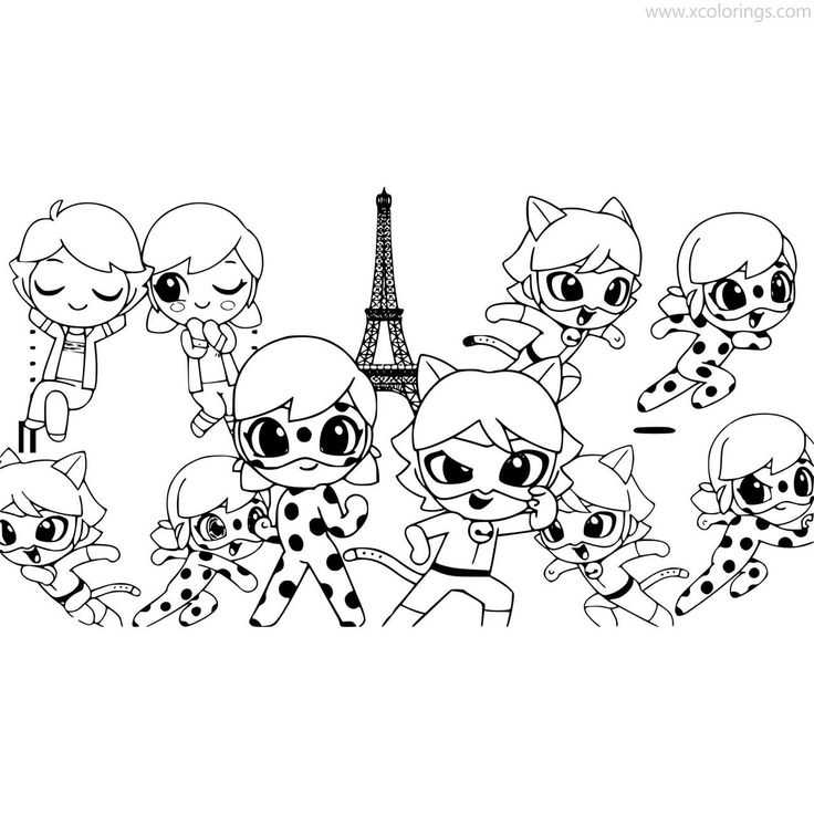 Cartoon children around Eiffel Tower, black-and-white drawing