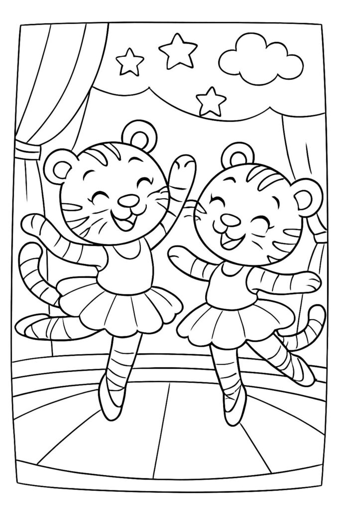 Two smiling tiger ballerinas on stage