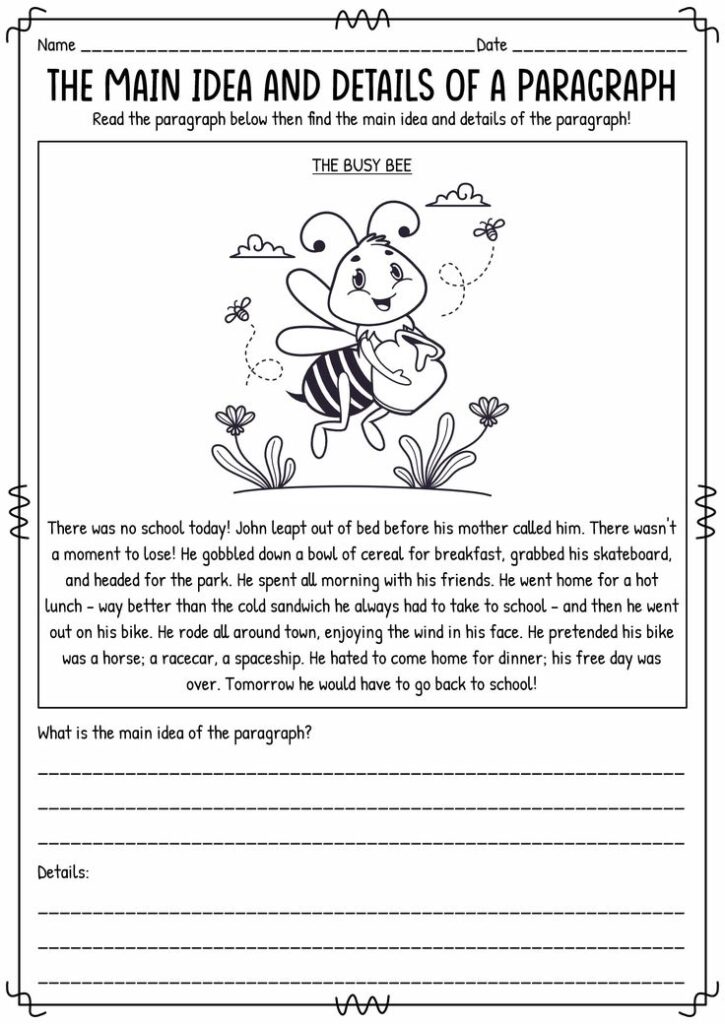 Black-and-white worksheet with busy bee illustration and paragraph text
